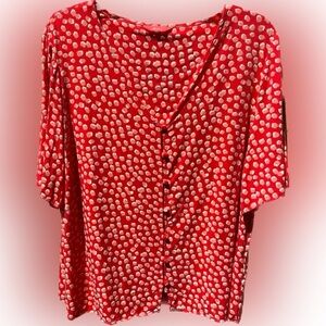Joules Red button front V neck s sleeve top cream & coral abstract spots Sz 10